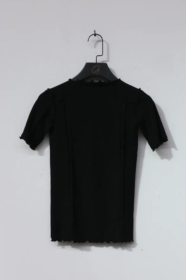 BASERANGE Ruffled Ribbed Cotton T-Shirt BAS-TTO3-RB-000-HEI Black TTO3-RB-000